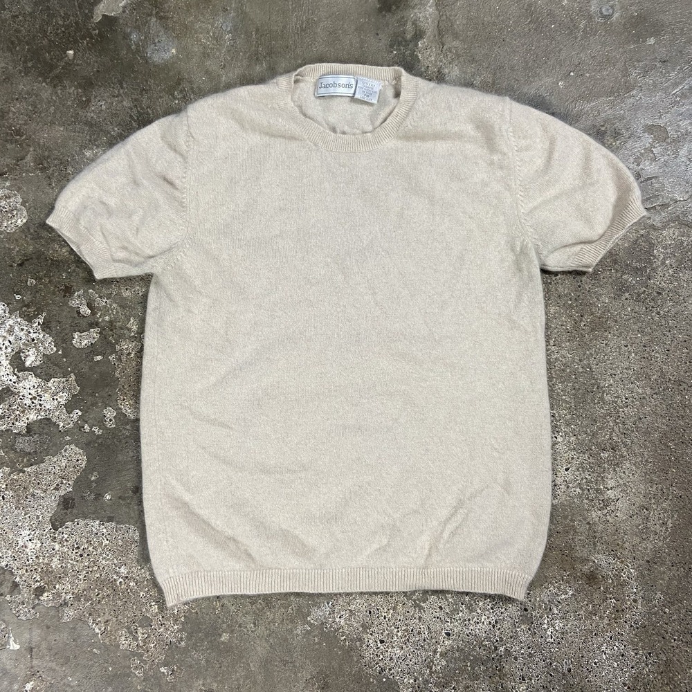 Vintage 80s Jacobson's Short Sleeve Sweater Size Medium Petite Beige Cashmere
